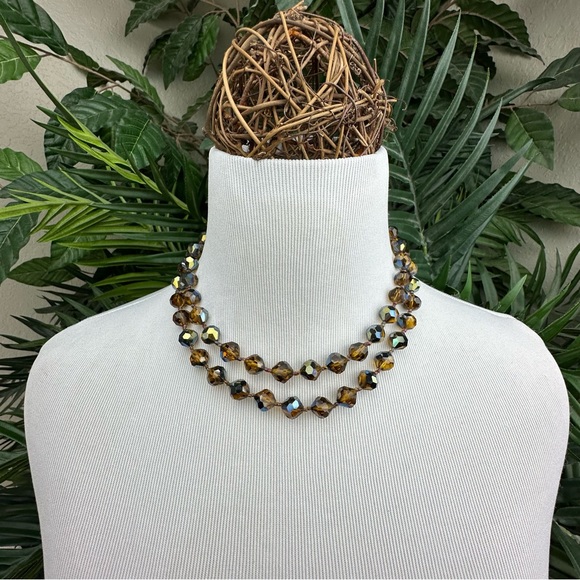 Jewelry Handcrafted Vintage Iridescent Brown Double Row Faceted Glass